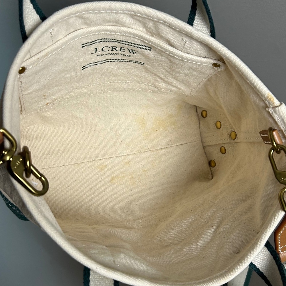 J.Crew Mini Montauk Tote Bag Green Natural Canvas Crossbody Preppy New England - Picture 6 of 14